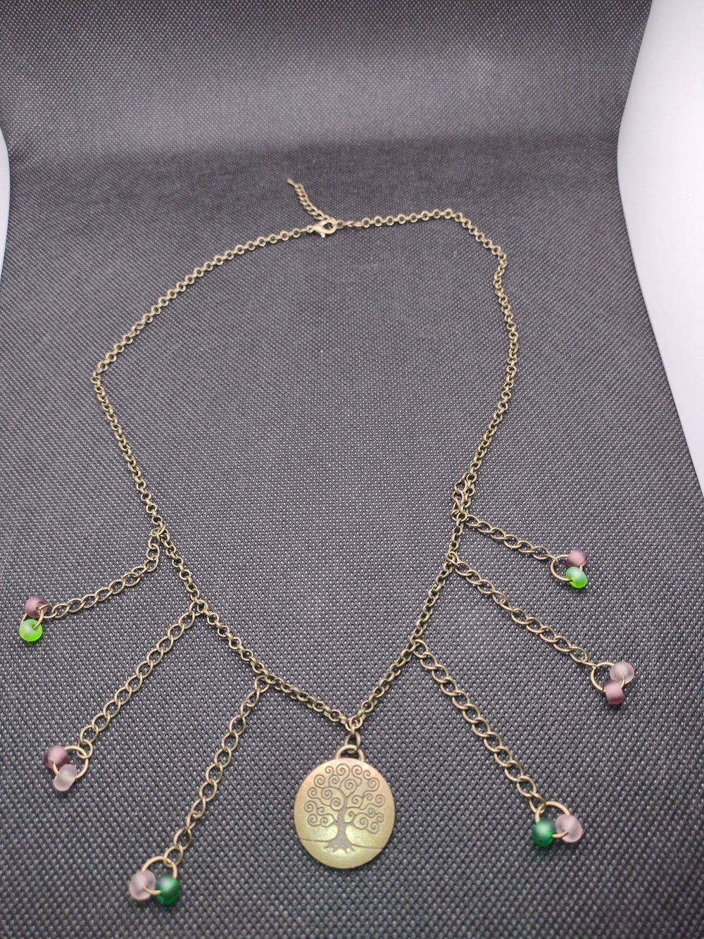 Tree of Life Dangle Necklace with Green and Violet Beads